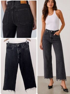 Denim Forum The Farrah High Rise Wide Leg Black Jeans Frayed Hem Size 28